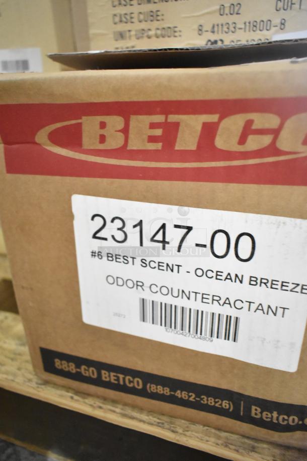 Cardboard box labeled Betco 23147-00, Ocean Breeze Odor Counteractant. Box shows branding and contact info.
