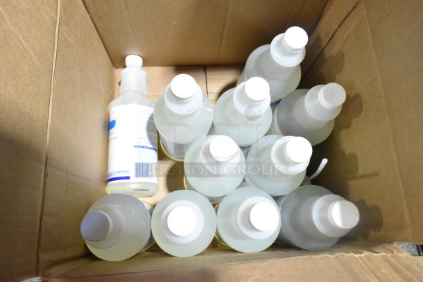 Box of brand new scratch and dent items including Purell 5051-02 sanitizer and Diversey Crew grout rejuvenator bottles.