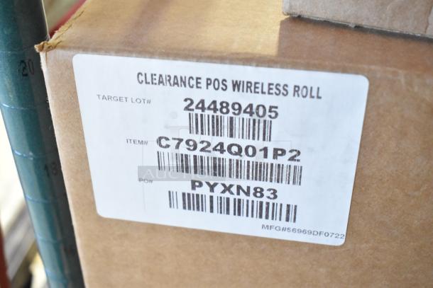 Brown box with label "CLEARANCE POS WIRELESS ROLL," item number C7924Q01P2, and PO# PYXN83. Brand new condition.