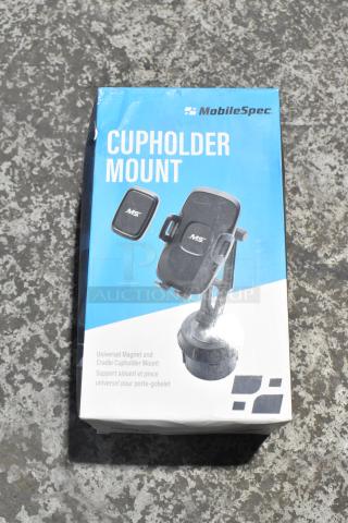 Mobile Spec cupholder phone mount in box. New with scratch and dent. Universal magnet and cradle design.