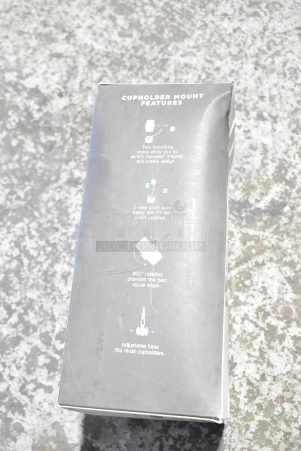 Brand new Mobile Spec cupholder phone mount, features scratch and dent packaging. Offers magnet/cradle mounting, 360° rotation, adjustable fit.