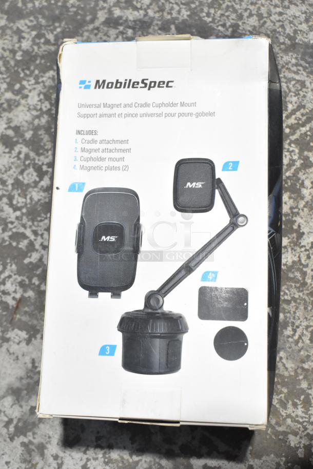 Mobile Spec Cupholder Phone Mount, new with scratch and dent. Includes cradle, magnet, mount, and plates.