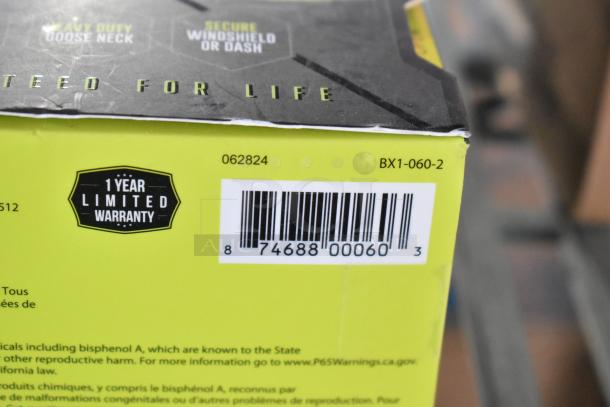 4 Bracketron Magalign X Pro magnetic mounts, new, scratch and dent, 1-year warranty label, model BX1-060-2, barcode visible.