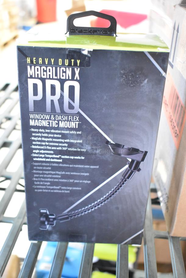 Brand new Bracketron Magalign X Pro magnetic mount packaging. Features visible: dashboard/window compatibility, MagSafe support.