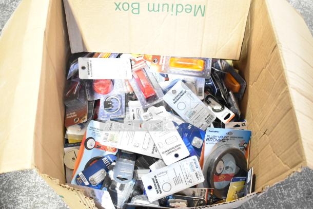 Open box with 248 assorted new items including flush mount grommets, bulbs, and lamps. Various brands and conditions visible.