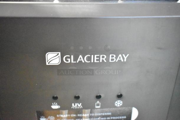 Glacier Bay LY619 water dispenser, matte black and stainless steel, bottom load, 115V, 1 phase. Logo and indicator lights shown.