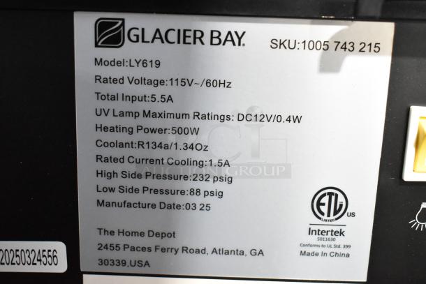 Glacier Bay LY619 water dispenser label showing model, voltage 115V, 1 phase, 5.5A, heating power 500W, and coolant details.