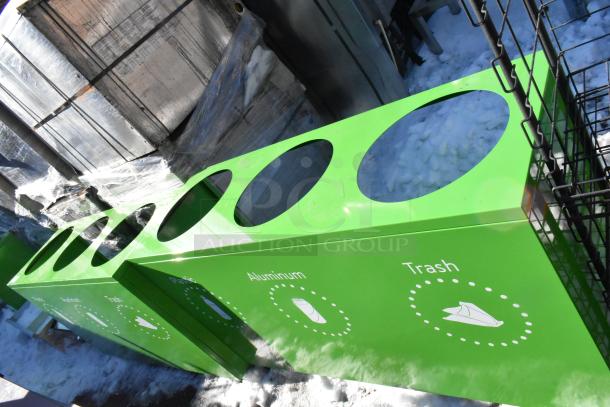 2 green recycling bin shells with 3 labeled trash deposit holes for plastic, aluminum, and trash; new condition.