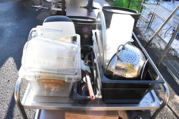 3-tier cart with commercial casters, featuring colander and poly drop-in bins. Includes utensils and measuring containers.