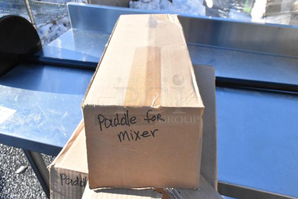 3-tier cart with commercial casters, includes colander and poly drop-in bins. Box labeled "Paddle for mixer" on top.