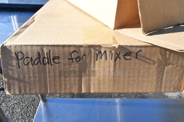 3-tier cart on commercial casters with colander, poly bins. Labeled box: "Paddle for mixer." Good condition.