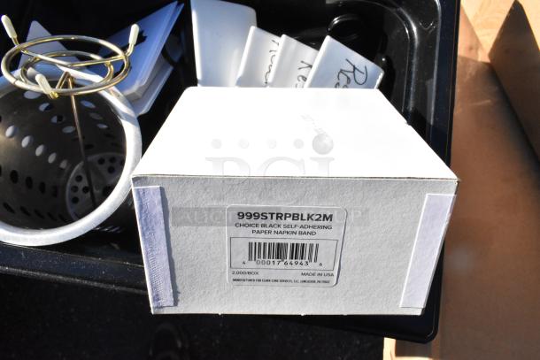 3 tier cart on commercial casters with colander, poly drop-in bins, and box labeled "Choice Black Self-Adhering Paper Napkin Band."