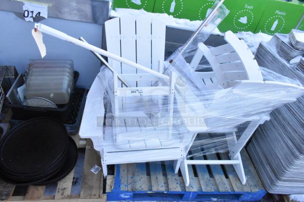 6 various items including white Adirondack chairs, end table, and mixing paddles, wrapped on pallets, tag labeled "205."