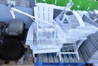 6 various items including white Adirondack chairs, end table, and mixing paddles, wrapped on pallets, tag labeled "205."