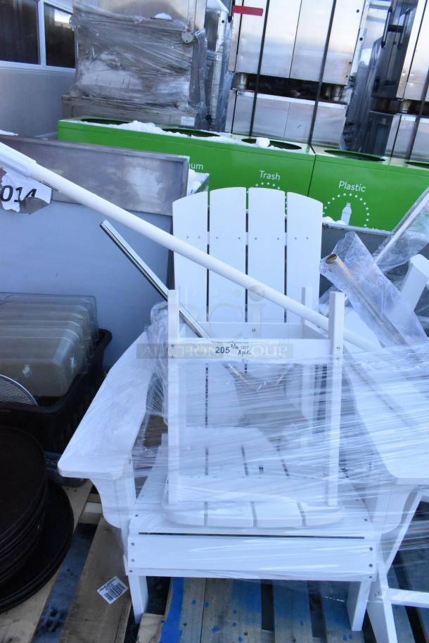 White Adirondack-style chairs, plastic-wrapped, with end table and mixing paddles. Number 205 label visible. Condition appears new.