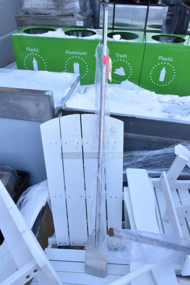 Assorted items including white Adirondack chairs, end table, and metal mixing paddles. Items are in good condition.