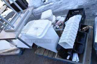 Pallet lot with ingredient bin, poly bins, serving spoons, spatulas, mixed kitchen items. Labels indicate contents and capacity.