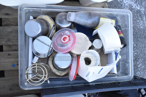 Pallet Lot with ingredient bin, poly bins, serving spoons, spatulas, and assorted kitchenware in used condition.