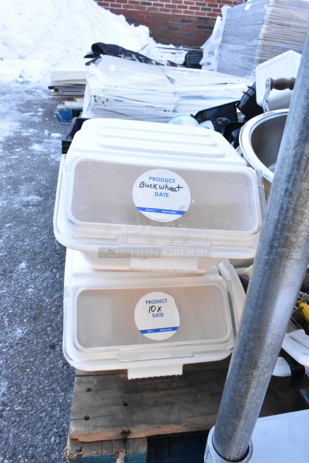 Pallet of various items including ingredient bins labeled "Buckwheat" and "10x," poly bins, spoons, and spatulas, on sale.
