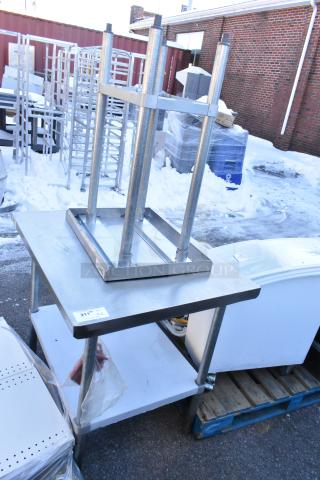 Two Regency tables with under shelves, metal construction, includes model 600T1824G, in used condition, tags visible.