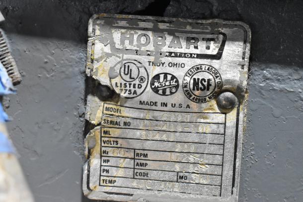 Hobart H 600T commercial mixer label, showing model, voltage, and certification marks. Made in USA, 200V, 3 PH.