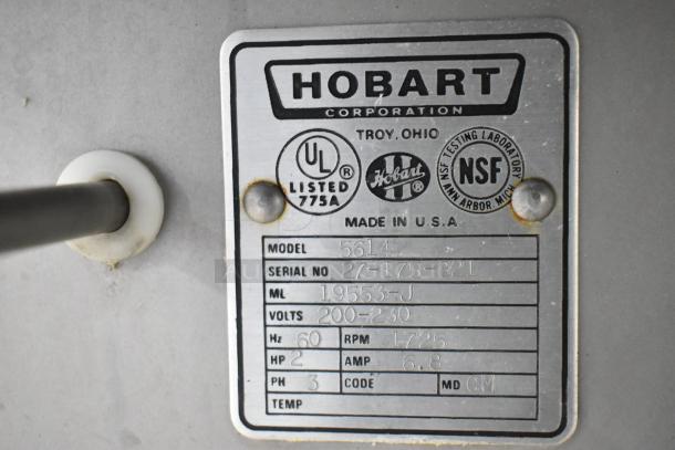 Hobart 5614 commercial meat saw label, 200-230V, 3-phase, 2HP, 1725 RPM, UL listed, NSF certified, serial 27-175-821.