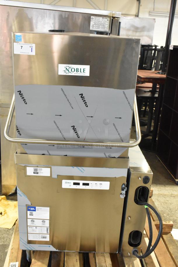 Brand new 2024 Noble 495NODTVL1 ventless high temp dishwasher, visible labels intact, in excellent condition.