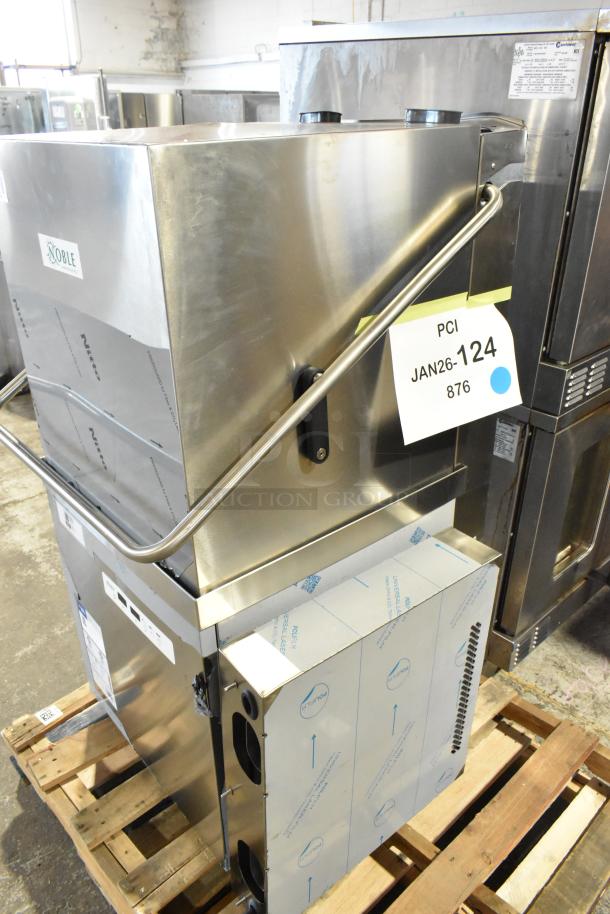Noble 495NODTVL1 Dishwasher. New, scratch and dent, ventless, high-temp door type, 208-240V, 1 phase. Tags visible.