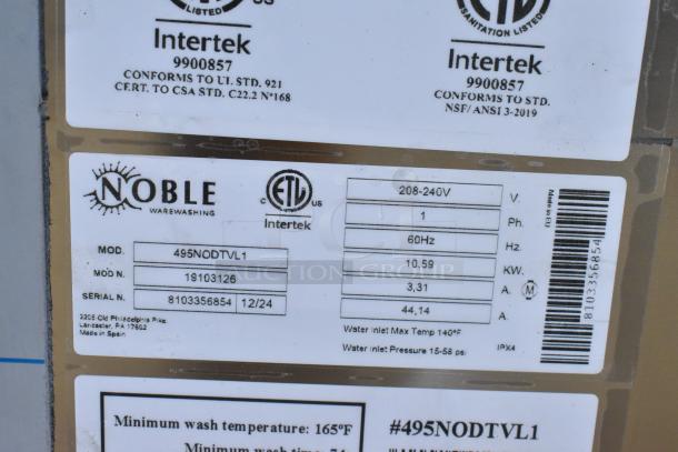 Label on a Noble 495NODTVL1 dishwasher showing model, electrical specs, and certifications. Marks: ETL approved, 208-240V, 1 Phase.