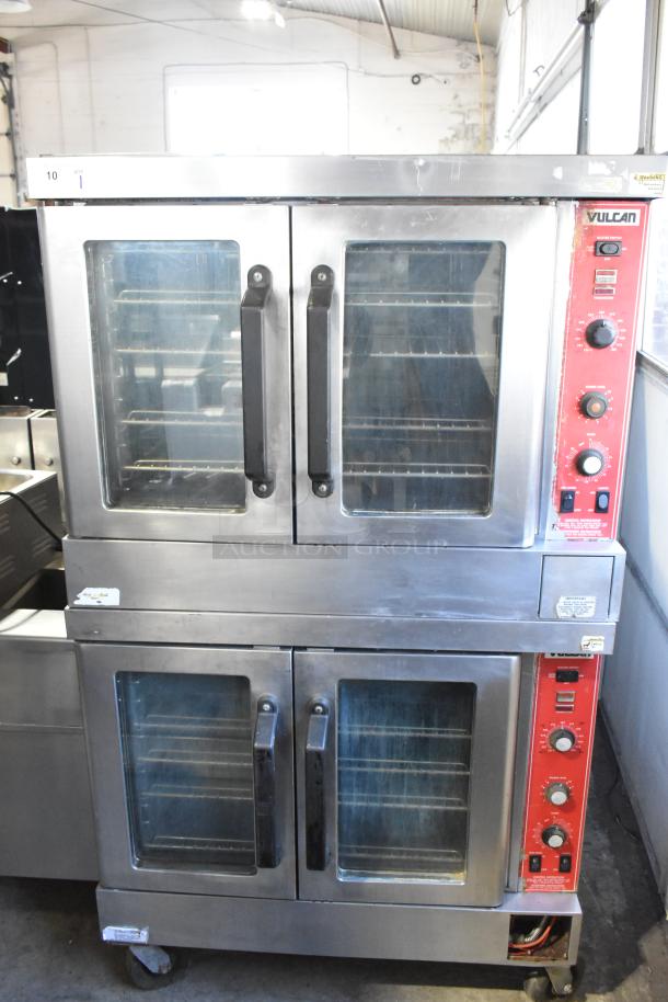 Vulcan SG4D-1 commercial convection ovens, with view-through doors, metal racks, thermostatic controls, on casters.