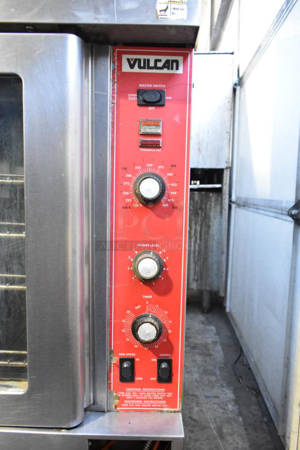 Vulcan SG4D-1 convection oven, red control panel, view-through doors, thermostatic controls, on commercial casters.