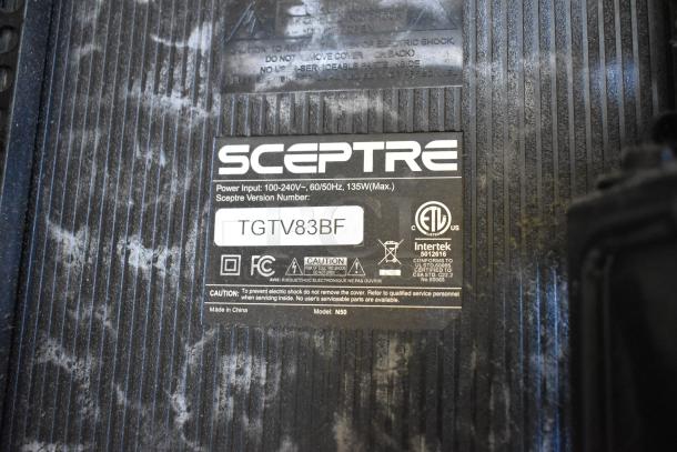 Sceptre TGTV83BF TV label showing power input, version number, and compliance certifications. Model N50, made in China.