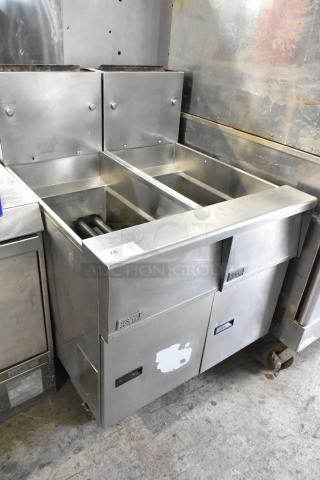 Pitco Frialator SR14-S 2 bay deep fat fryer, commercial use, natural gas, 110,000 BTU, stainless steel, used condition.