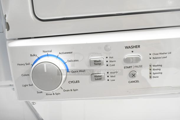 2025 Frigidaire FLCE7522AW stacked washer dryer control panel, with cycles and settings. Scratch on casing. Brand new.