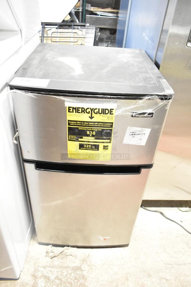 Magic Chef HMDR310SE Mini Cooler with Freezer, brand new, minor dents, 115V, 1 Phase, Energy Guide label visible.