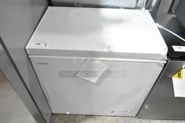 Brand new Vissani HMCF7W5 7.0 cu. ft. chest freezer, 115V, 1 phase. Manual defrost, minor scratches and dents visible.