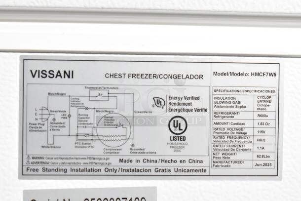 Brand new Vissani HMCF7W5 7.0 cu. ft. chest freezer, manual defrost, 115V, 1 phase, minor scratches and dents, energy certified.