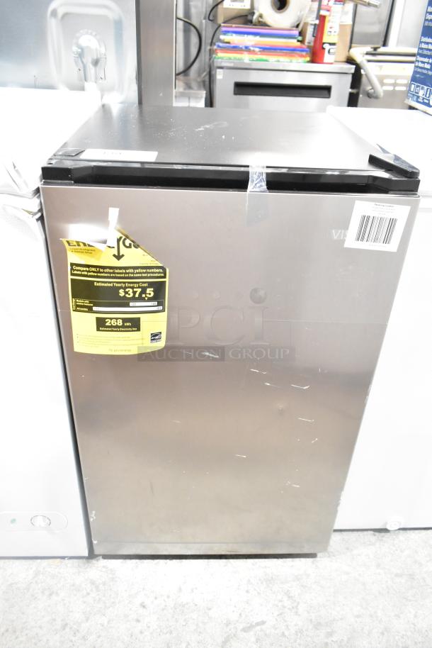 BRAND NEW Vissani HVAR43GSE Mini Cooler, 2025 model, 115 volts, 1 phase, scratch and dent, energy cost tag visible.