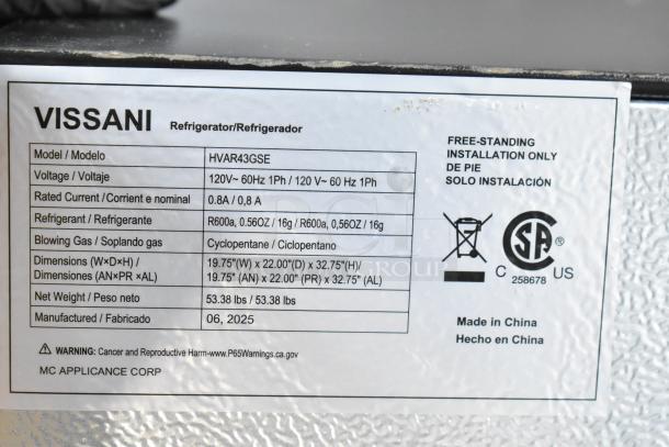 Vissani HVAR43GSE mini cooler label showing specs: 115V, 1 phase, R600a refrigerant, 53.38 lbs, made in China, June 2025.