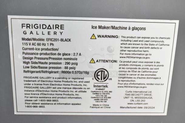 Frigidaire Gallery EFIC201-BLACK countertop ice maker label, 115V, 1 phase, 2.7A ice production, warning notes, Intertek certified.