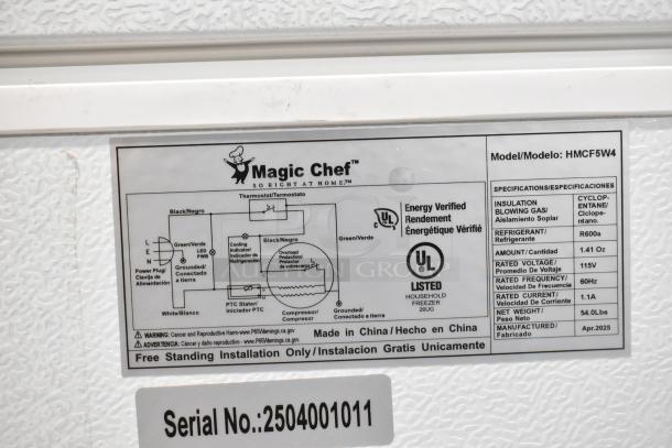 Magic Chef HMCF5W4 5.0 cu. ft. chest freezer label. UL listed, 115V, R600a refrigerant, manufactured April 2025.