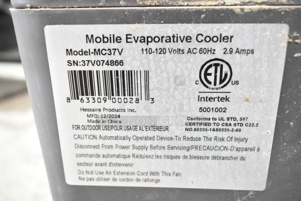 Hessaire MC37V Mobile Evaporative Cooler label, 110-120 Volts, serial number 37V074866, ETL listed, for outdoor use.
