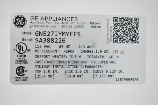 General Electric GE GNE27JYMYFFS French door cooler, 115V, with drawer freezer, model tag showing specs and UL listing.