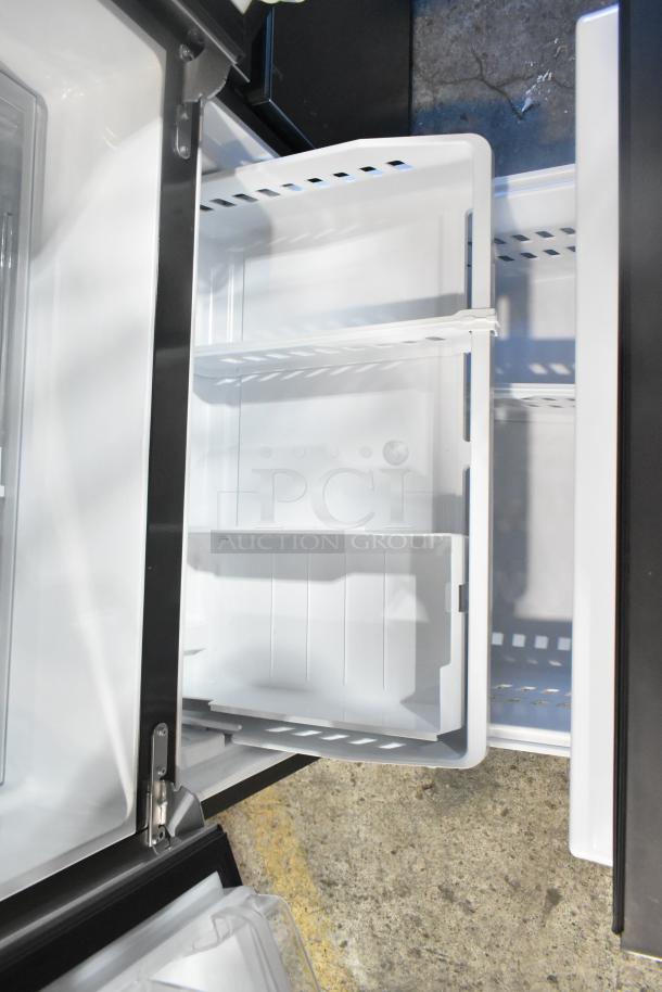 BRAND NEW General Electric GE GNE27JYMYFFS French door cooler with drawer freezer, interior view, 115V, 1 phase.