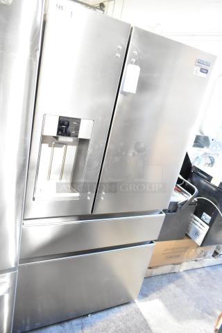 Brand new Frigidaire Professional French door refrigerator with drawer freezer, water/ice dispenser. Minor dents visible. 115V, 1-phase.