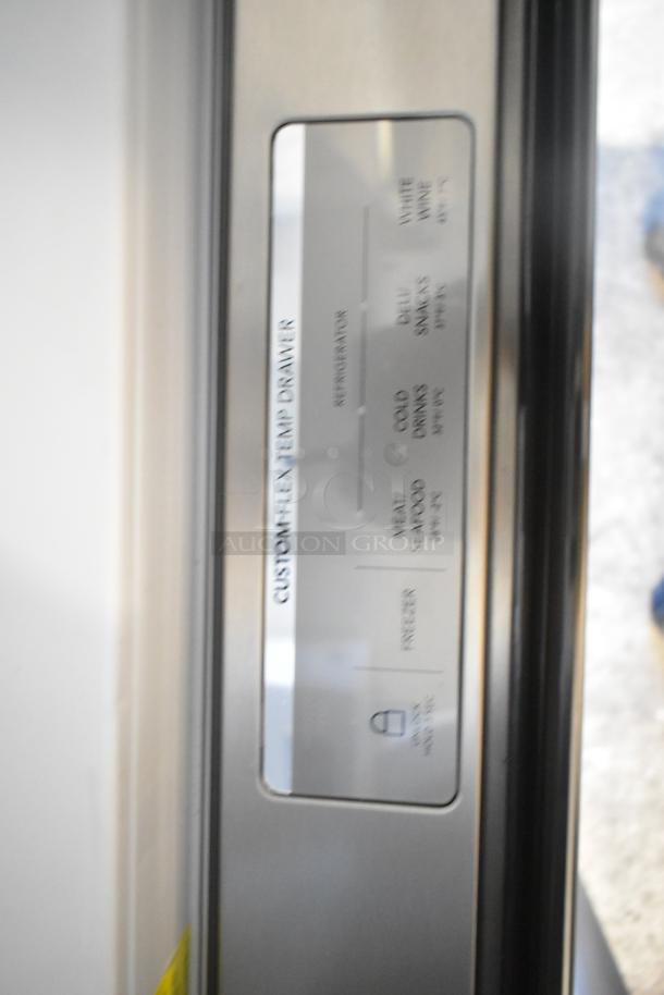 Frigidaire Professional fridge with French doors, drawer freezer, water/ice dispenser. Custom-Flex Temp Drawer label shown. Brand new, slight scratches. 115V, 1 phase.