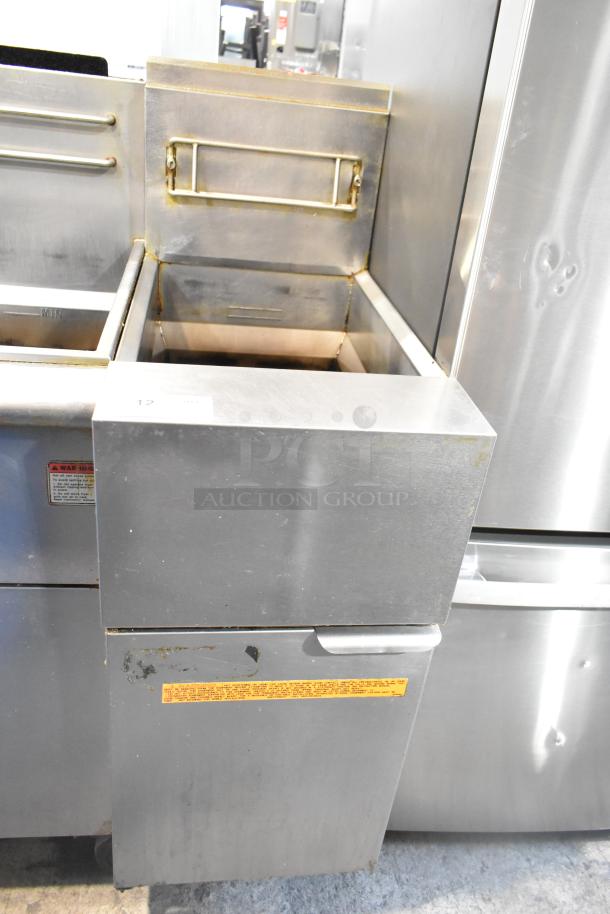 Frymaster GF40SD commercial deep fat fryer, floor style, natural gas, 122,000 BTU, stainless steel, good condition, safety labels visible.
