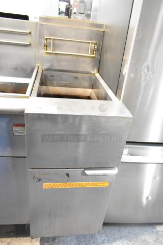 Frymaster GF40SD commercial deep fat fryer, floor style, natural gas, 122,000 BTU, stainless steel, good condition, safety labels visible.