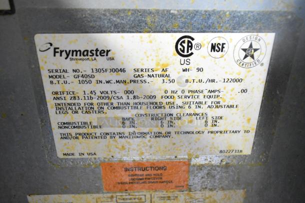 Frymaster GF40SD deep fat fryer label showing serial no. 1305FJ0046, natural gas, 122,000 BTU, ANSI compliant, made in USA.