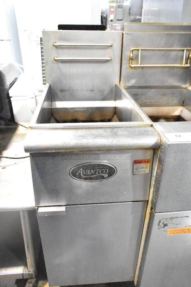 Avantco F3-N commercial deep fryer, natural gas, 90,000 BTU, stainless steel, floor style, visible signs of use.